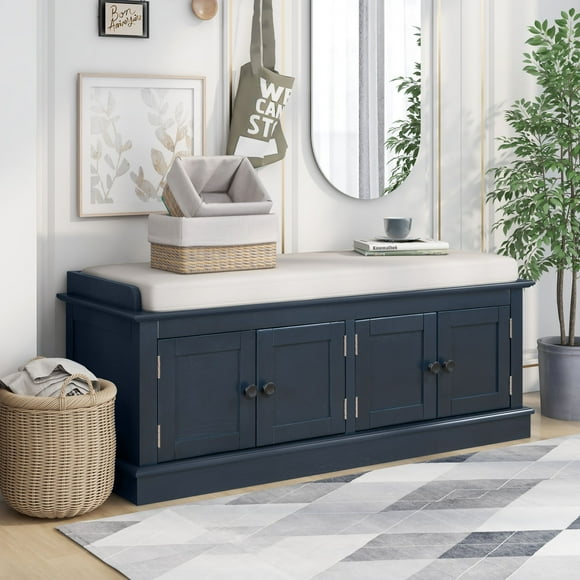 Banc de Rangement à 2 Niveaux, Banc à Chaussures avec Coussin d'Assise Rembourré, Banc d'Entrée avec 4 Portes de Grange, Tablette Ajustable, 16 Pouces P x 42.7 Pouces L x 17.4 Pouces H, pour Entrée, Salon, Chambre, Bleu Marine