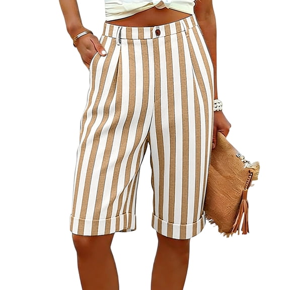 JYnXIANTI Bermuda Shorts for Women Striped High Waisted Shorts with Pockets Lounge Soft Summer Shorts Ladies Thin Basic Clothes