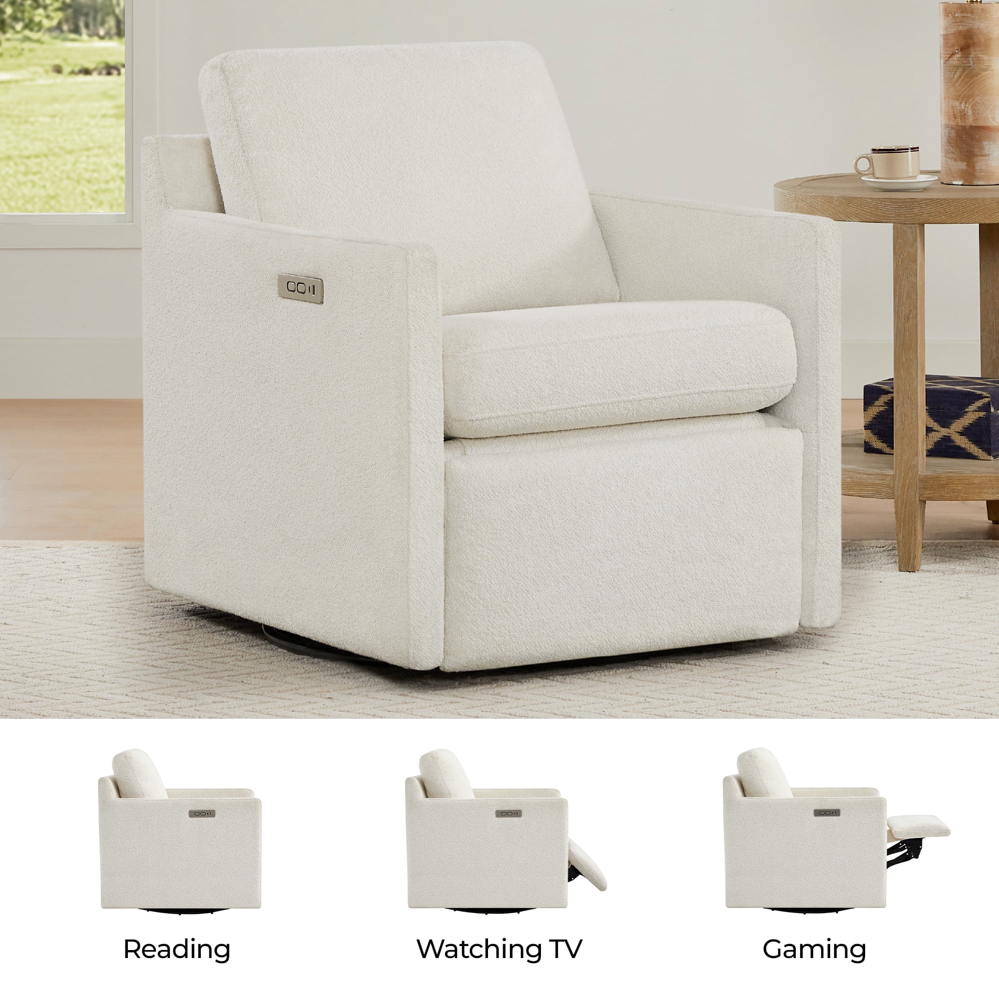 Spruce & Spring 270-Degree Swivel Accent Chair with Power Footrest & Charging Ports, Cream