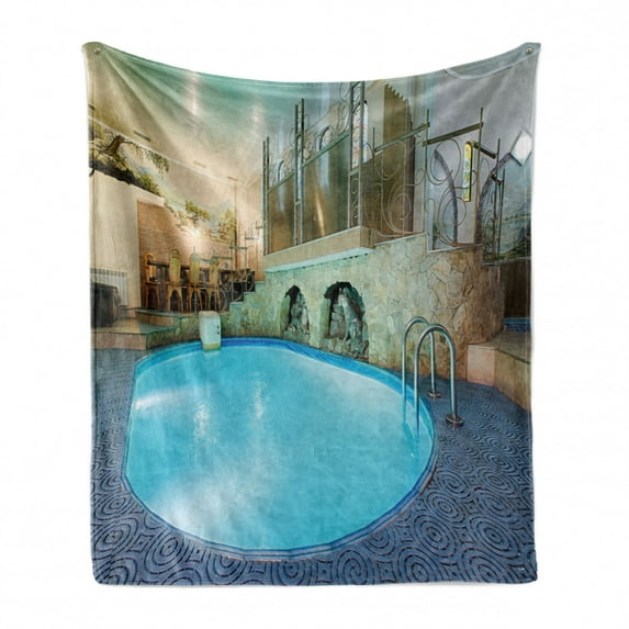 Modern Soft Flannel Fleece Blanket, Vivid Blue Swimming Pool in Spa Interior Resort Relaxation and Theraphy Theme, Cozy Plush for Indoor and Outdoor Use, 50" x 60", Blue Aqua Beige, by Ambesonne
