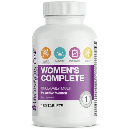 Bronson Women's Complete Once-Daily Multi For Active Women One Tablet Multi Vitamin, Supports Healthy Appearance, Immunity, Metabolism, Energy, 180 Tablets