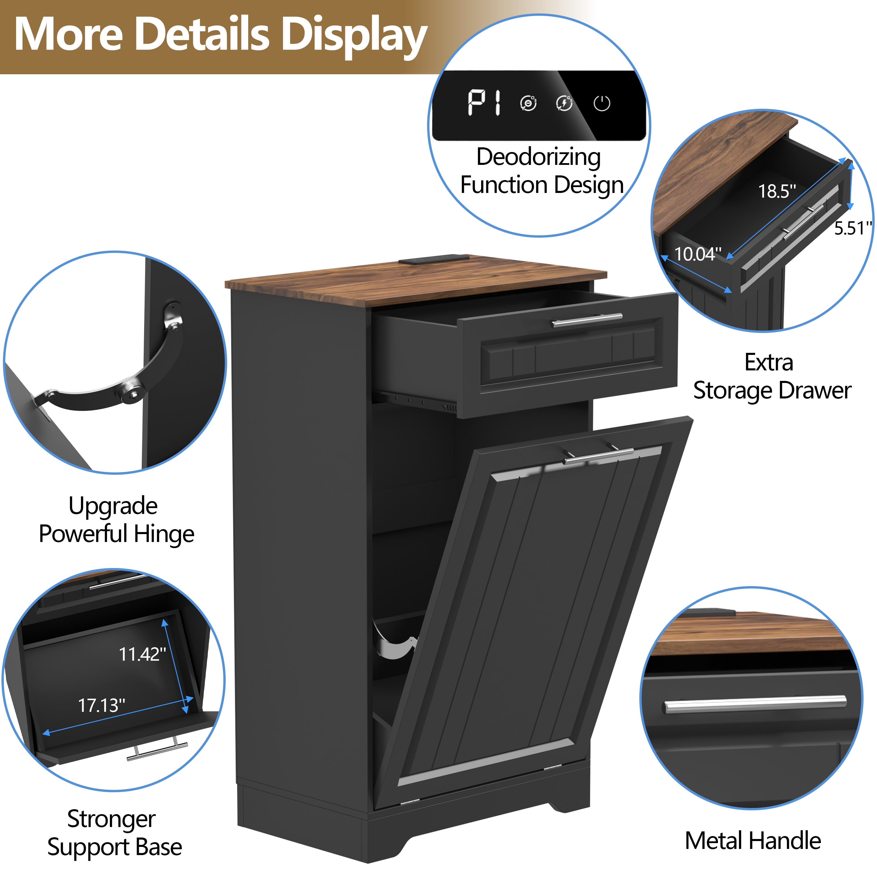Single 10 Gallon Tilt Out Trash Can Cabinet with Deodorizing Function, Wooden Hidden Garbage Can Holder with Storage Drawers for Kitchen and Dining Room, Laundry Hamper Cabinet for Bathroom, Black