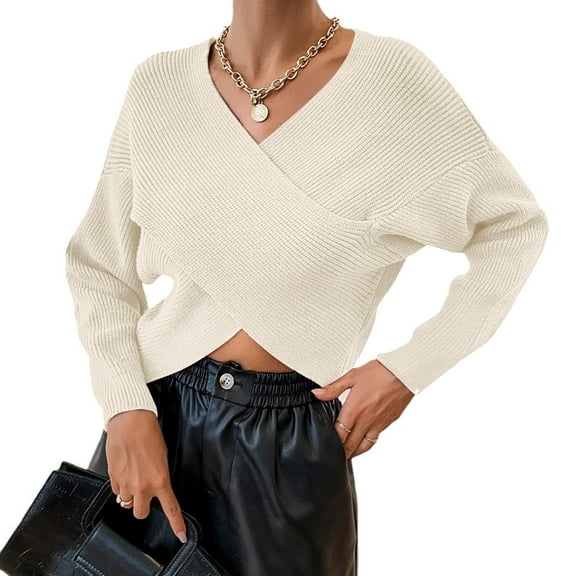 Women's Asymmetrical V-Neck Knit Sweater, Irregular Hem Design Soft Stretchy Pullover Top, Comfortable Breathable Casual Long Sleeve Sweater for Fall Winter Daily Wear and Holiday Parties Beige L