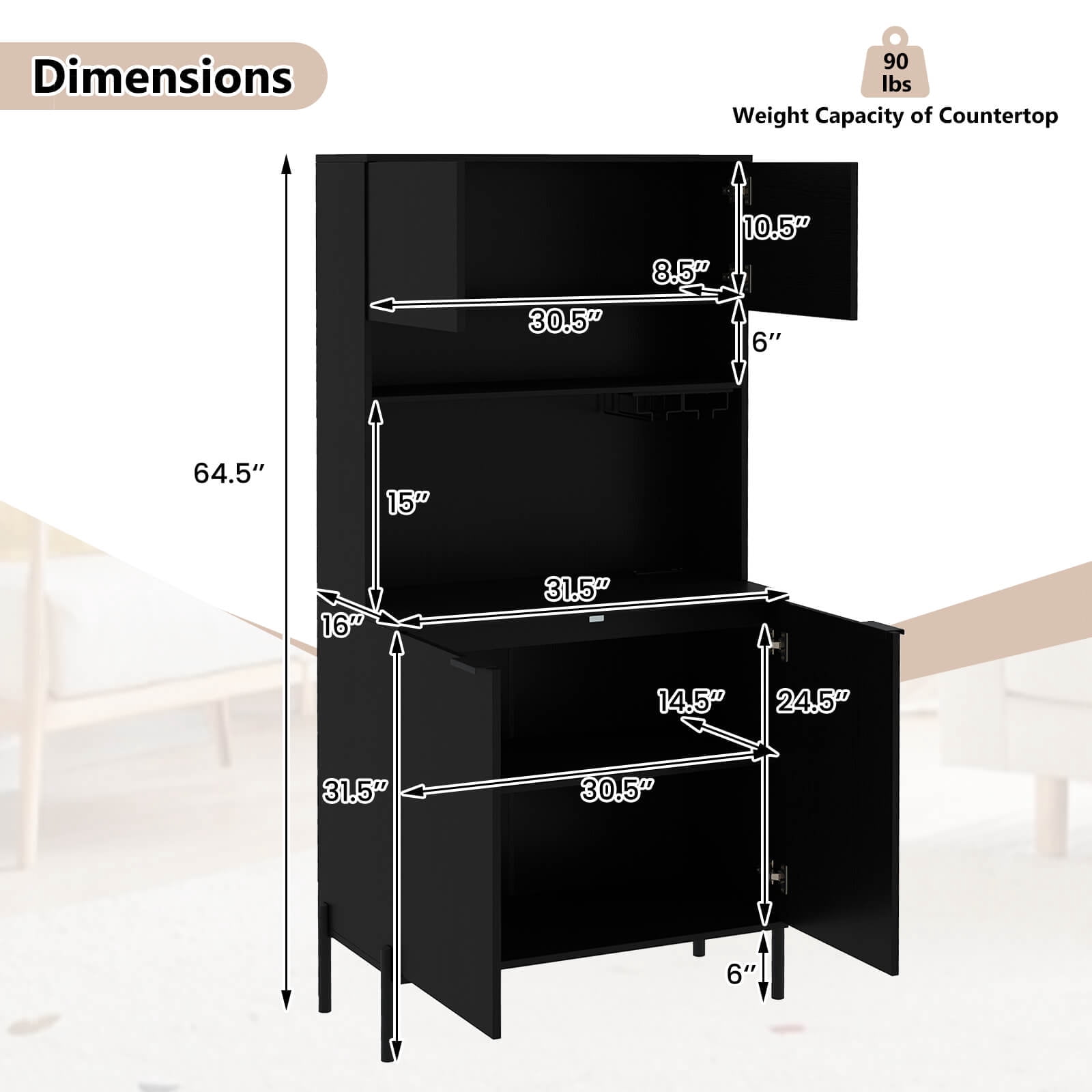 Costway 64.5” Kitchen Pantry Cabinet with Charging Station Wine Glass Rack Adjustable Shelf Black
