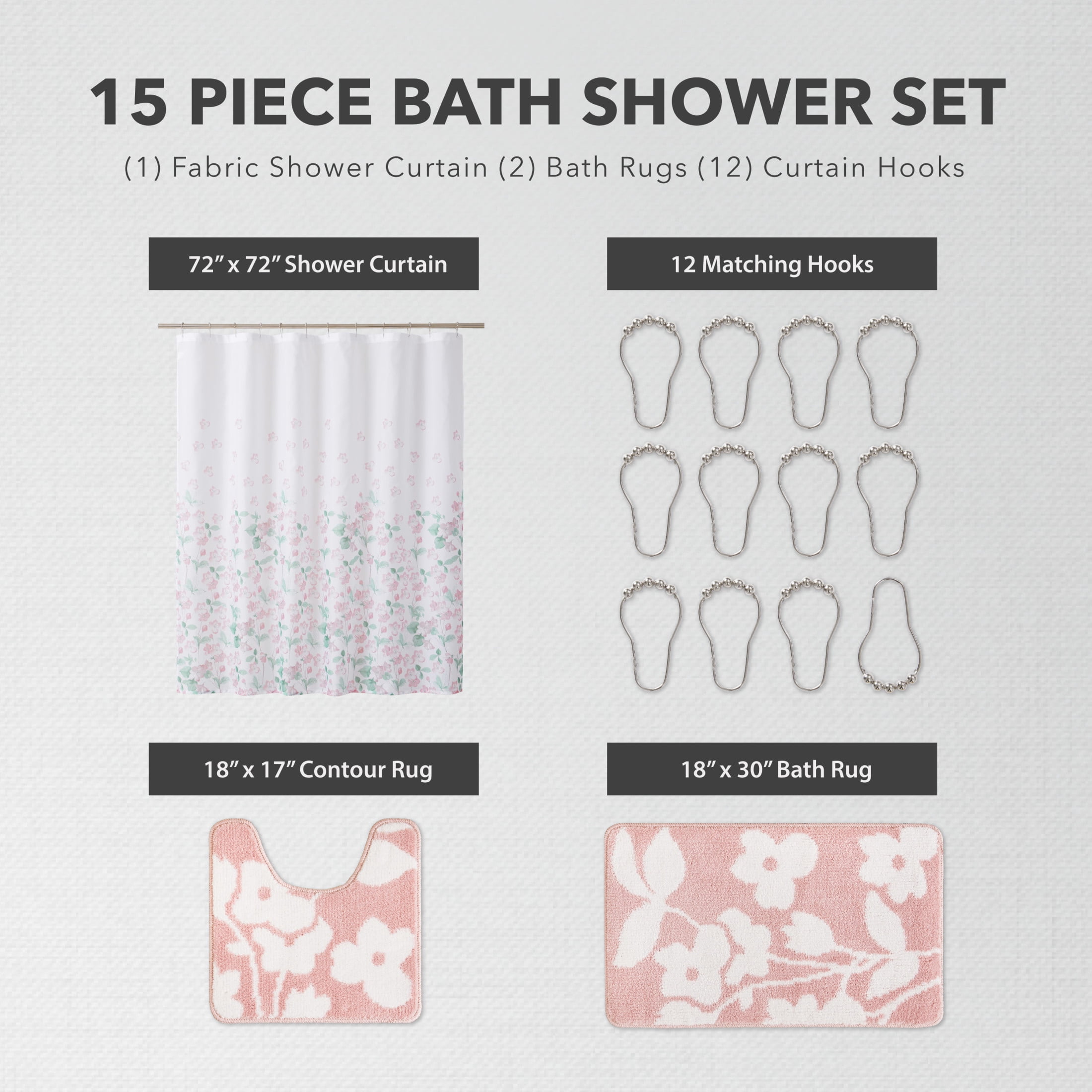 CHI Serene Floral Engineered Shower Curtain with Hooks and Rugs Modern Washable 72" W x 72" L 15-Piece Set