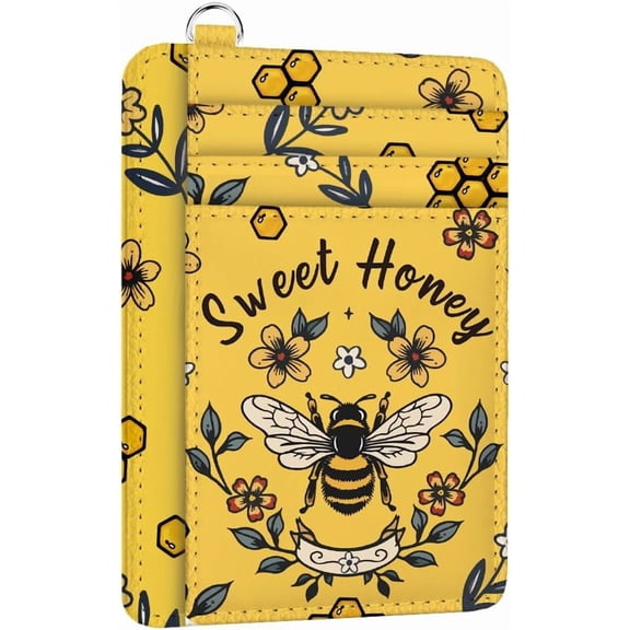 RFID Blocking Credit Card Holder for Women - Bee and Flowers PU Leather Slim Wallet with ID Window 6 Card Slots and Cash Pocket - Perfect for Travel and Gifts