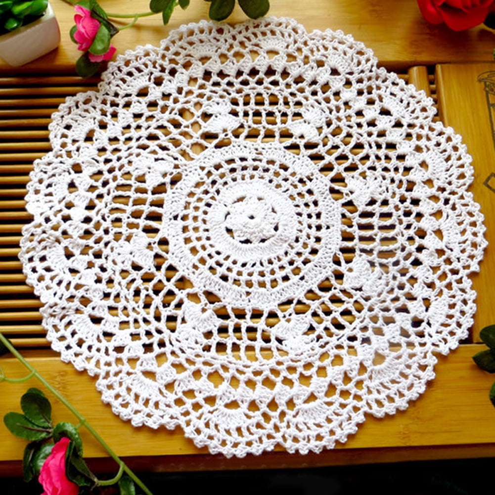 White Vintage Hand Crochet Lace Doily Round Table Cloth Topper Mats Flower 20" 