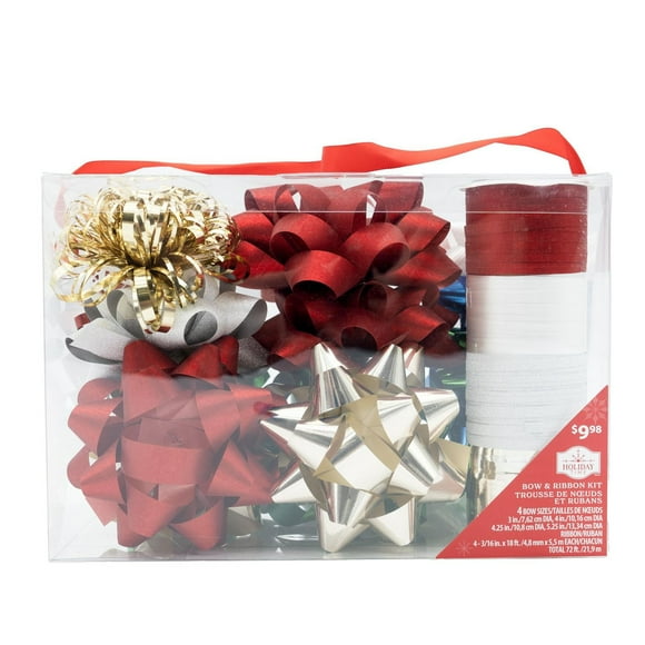Holiday Time Gift Bow and Curling Ribbon Kit - Red White Gold Green Blue