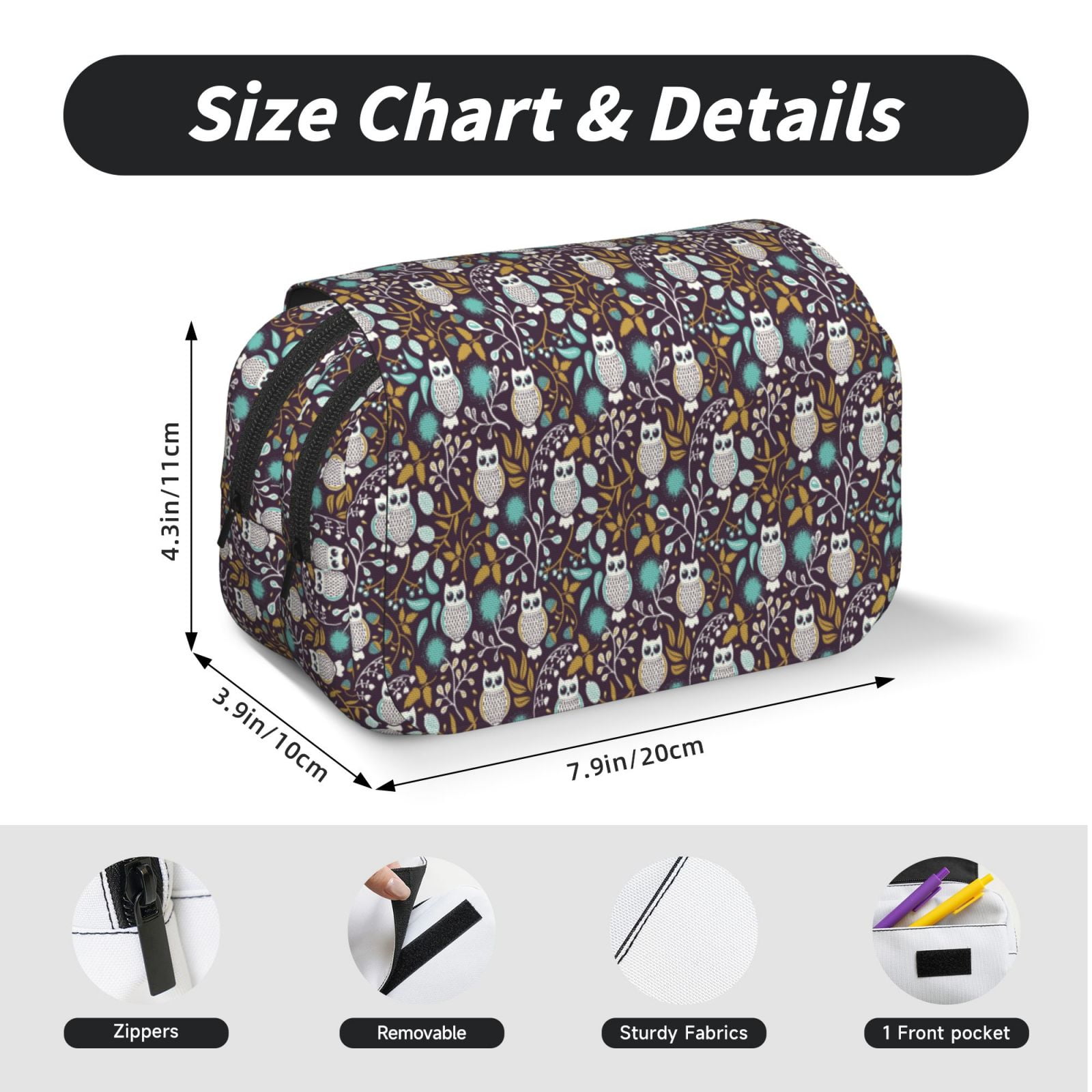 Rateoe Forest Cute Owl Pattern Double Clamshell Pen Case, Storage Organizer with Two Zipper Compartments– Holds Up to 50 Pencils & Pens