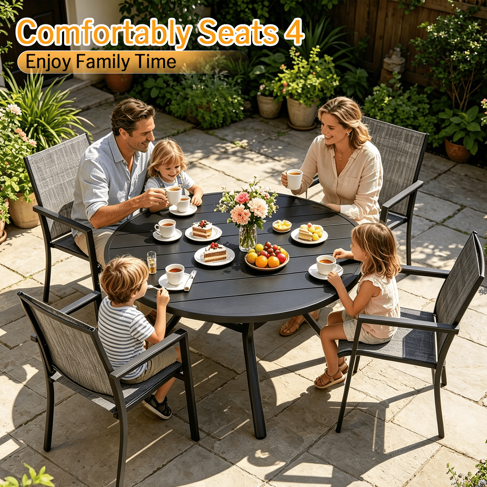 MEOOEM 41-Inch Round Outdoor Patio Dining Table with Umbrella Hole & Mesh Storage Shelf, Sturdy Stable Black Metal 4-Person Outdoor Coffee Table for Garden, Backyard & Deck