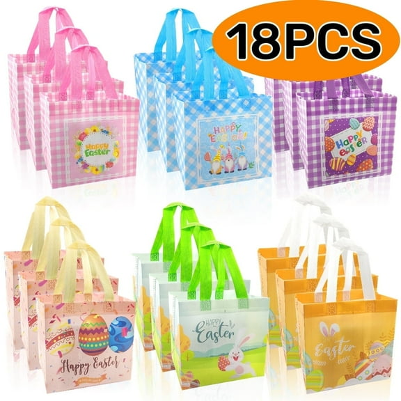Easter Gift Bags with Handle Easter Party Supplies Reusable Tote Bags Easter Decoration for Holiday Spring 18 Pcs 8.27 × 5.9 × 7.87 in