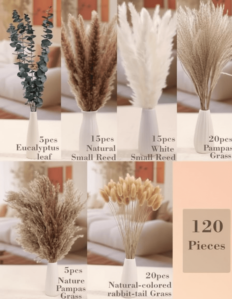 120 PCS Dried Pampas Grass Bouquet, Natural Reed Grass and Dried Flowers for Boho Wedding, Home Table, Rustic Farmhouse Decor (Light Brown)