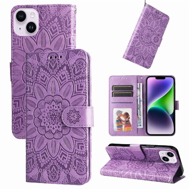 Funda tipo cartera GANGXUN para iPhone 15 Plus , diseño girasol, cuero PU, soporte, cierre magnético, tarjetero