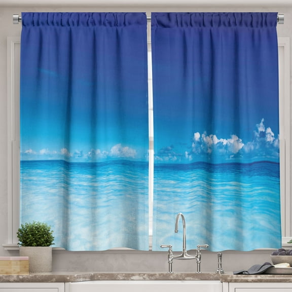 Ambesonne Blue Kitchen Curtains, Ocean Beach Sea Scenery, 55"x39", Turquoise Pale Blue