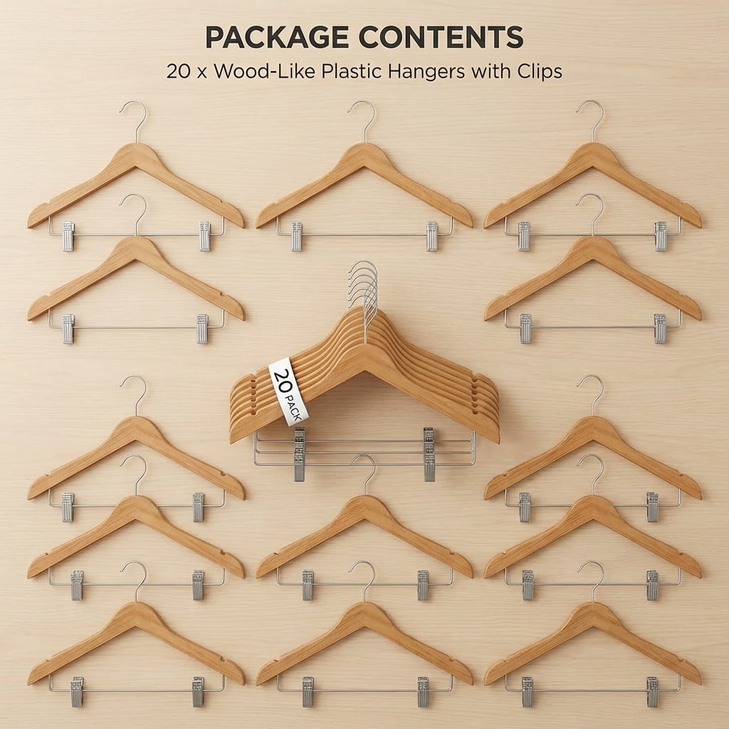 USTECH Wood like Hanger Bowed Shaped with Clips | Heavy Duty Wood Finish Hanger for Suits, Pants, and Skirts | Closet Space Saver with Shoulder Notch for Strappy Dresses | 20 Pack
