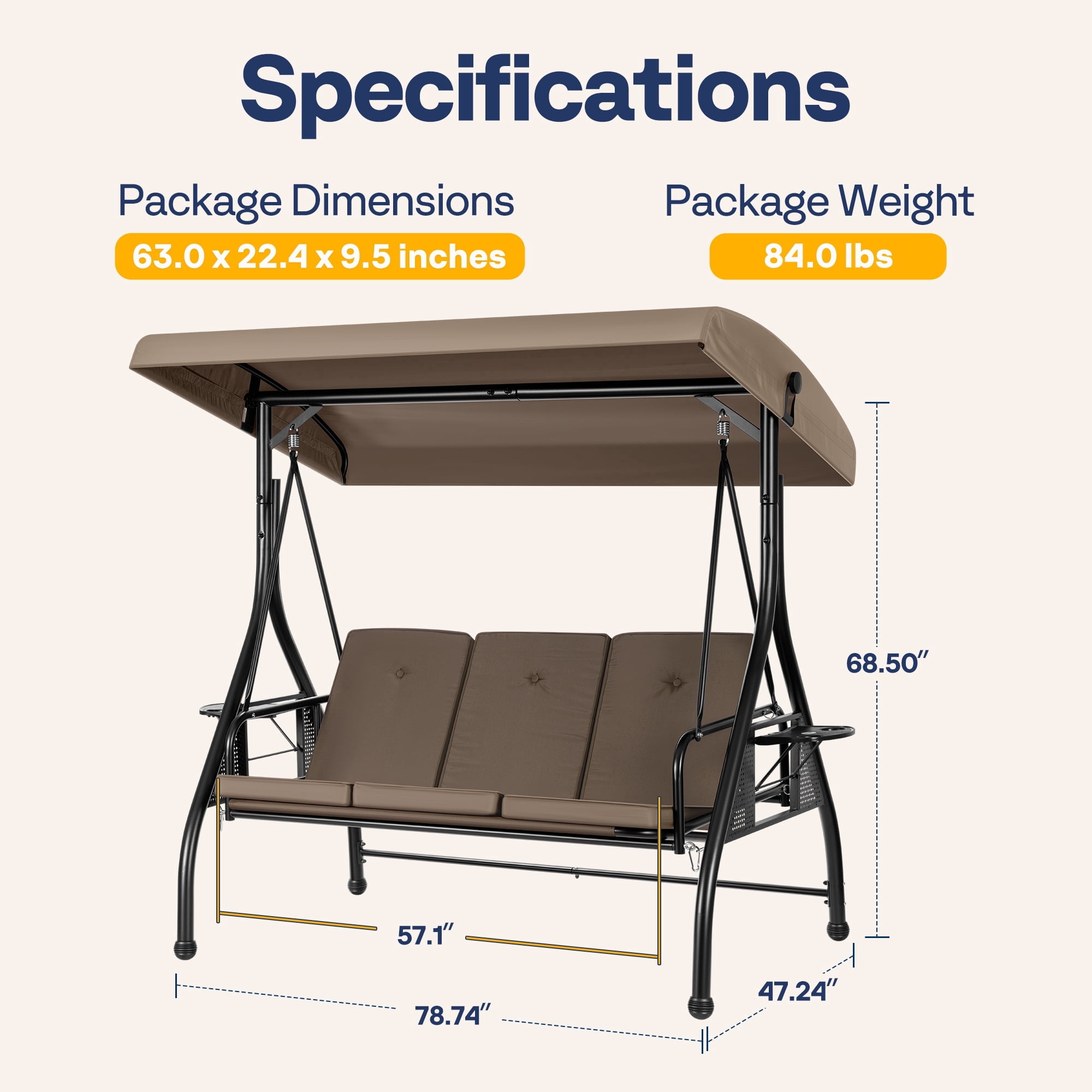 SPECSTAR 3 Seats Patio Swing Chair, Outdoor Converting Canopy Swing Chair w/ Removable Cushion,Swing Glider Hammock for Patio, Garden, Gray