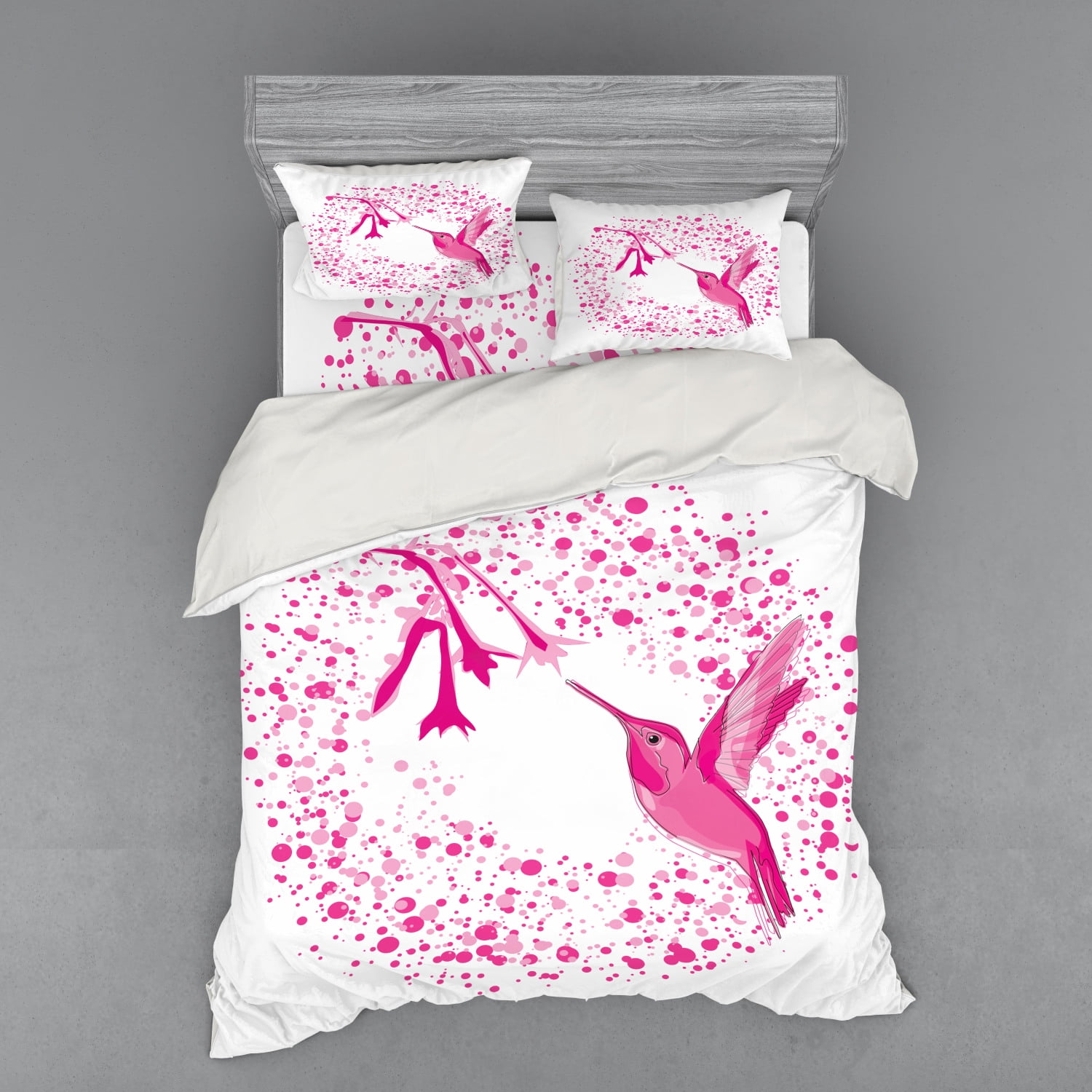 Hummingbird Duvet Cover Set, Hummingbird Flies to the Flower Polkadots