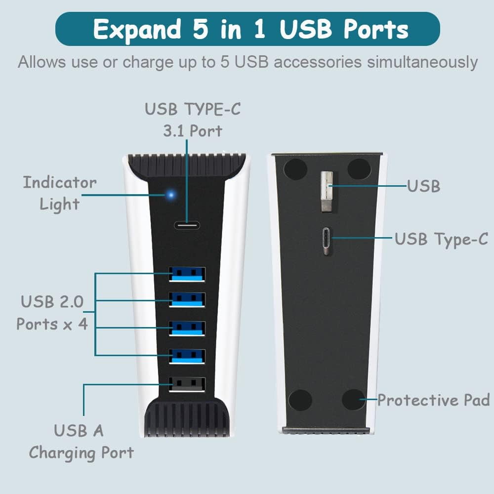 Uberwith 5 Port USB Hub for PS5 Accessories, USB High-Speed Expansion Hub Charger USB Adapter USB Extender for PS5 Console - 4 USB + 1 USB Charging Port + 1 Type C Port