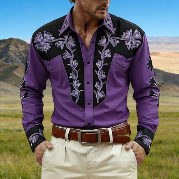 Mens Dress Shirts Casual Western Cowboys Long Sleeve Top Carnival Festive Button Down Lapel Comfortable Shirt for Men Purple XXL