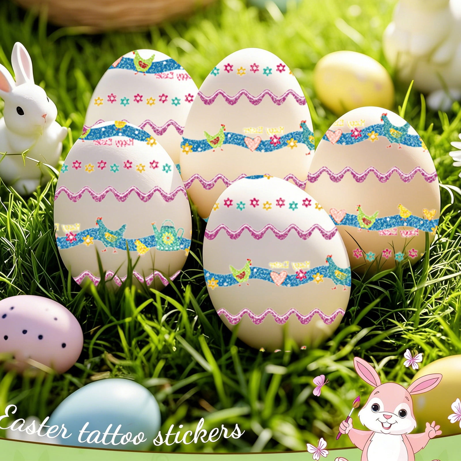DAMAI Easter Eggs Tattoo Stickers Easter Art Decals Funny Colorful Stickers Cute Rabbit Chick Flower Stars Eggs Tattoo Art Design Decals DIY Party Decoration Supplies for Eggs