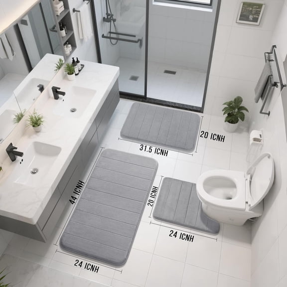 3-Piece Memory Foam Bath Mat Set Gray Non-Slip Soft Absorbent for Bathtub Toilet Vanity