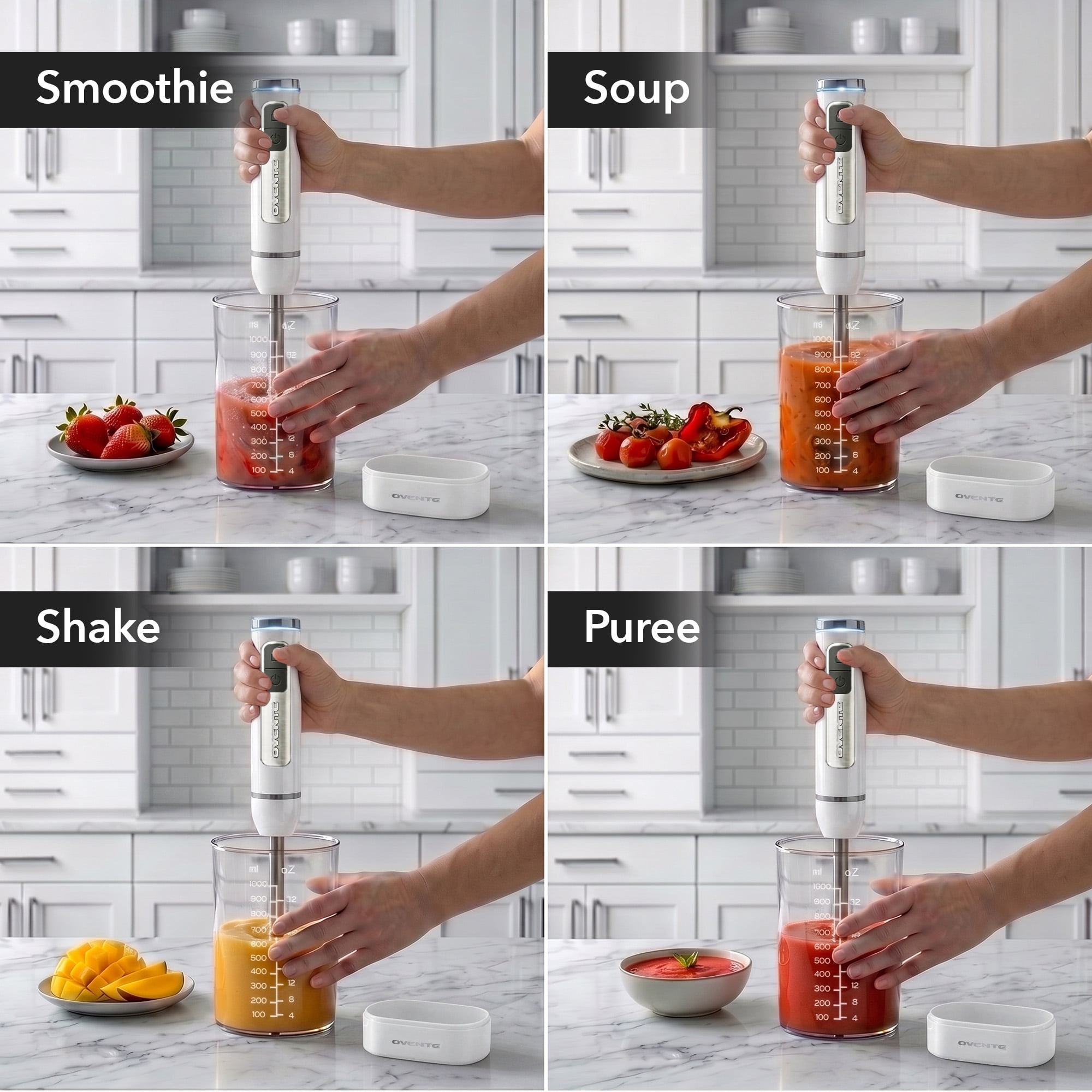 OVENTE Cordless Hand Blender, Rechargeable with 8 Mixing Speed White HR781W | 200 Watts Handheld Portable Stick Mixer, One-Touch Control and Stainless Steel Blades for Smoothies, Shakes or Soups