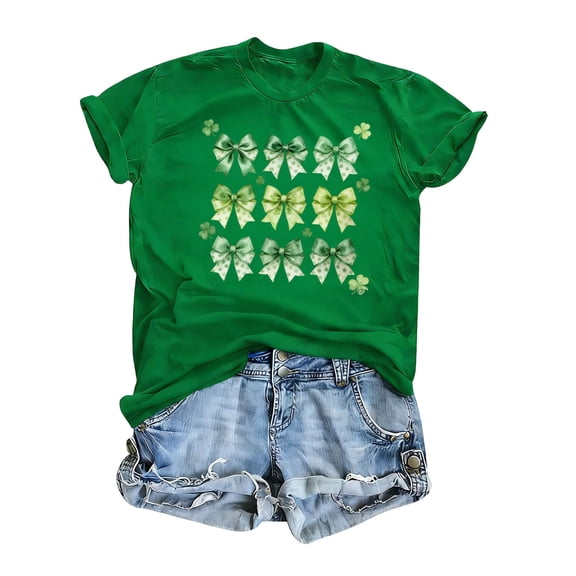 SYMOID Womens St Patrick's Day Shirt Cute Bow & Clover Print Stretch Fit Tee Relaxed Crewneck Green S-XXXL,Size S