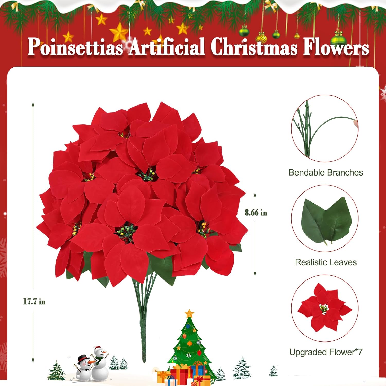 6 Pack Artificial Poinsettia Bushes, Red 7 Stems Velvet Poinsettia Floral, Christmas Artificial Poinsettia Flowers for Indoor Outdoor Christmas Xmas Tree Ornament Home Porch Decorations