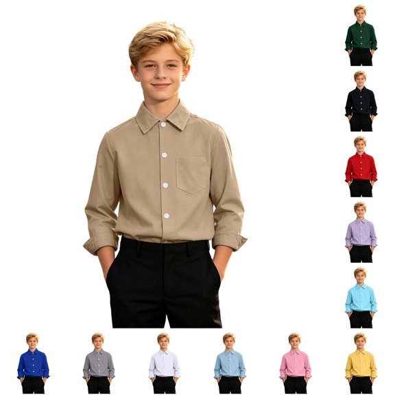 FYDUU Teens Boys Shirts Solid Color Long Sleeve Dress Shirts Kids Lapel Button Down Tops Formal School Uniform Shirt Back To School Wear 10-11 Years