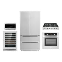 Cosmo 5 Piece Kitchen Package With 36" Slide-In Gas Cooktop 30" Under Cabinet Range Hood 24" Single Electric Wall Oven 24.4" Countertop Microwave & French Door Refrigerator