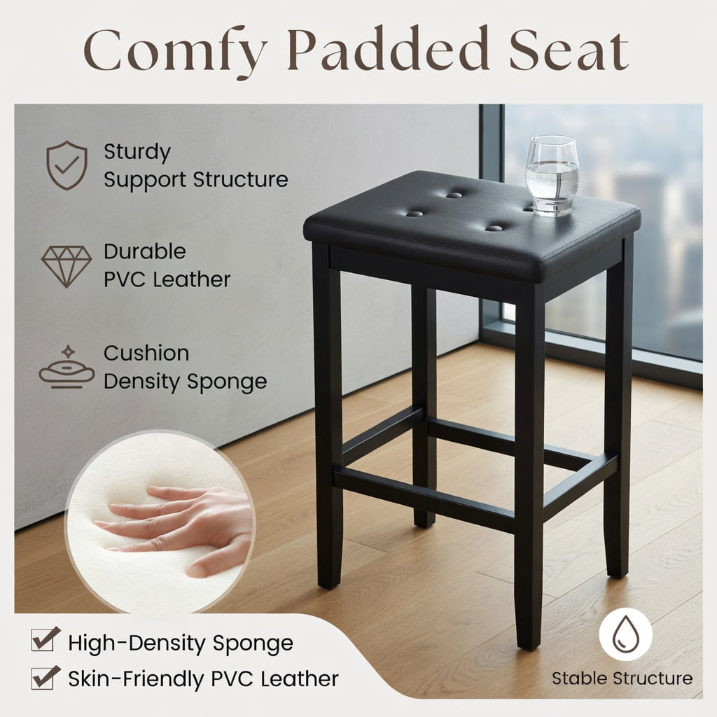 Yardi Yard 24 Inch Bar Stools Set of 2, Bar Stools with Padded Seat Footrest and Rubber Wood Frame, Brown