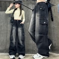 thumbnail image 6 of Girls Black Cargo Pants Wide Leg Baggy Denim Jeans with Pockets Elastic Waist Y2K Casual Streetwear Trousers for Kids Ages 5-14 Years,Size 10-11T, 6 of 9