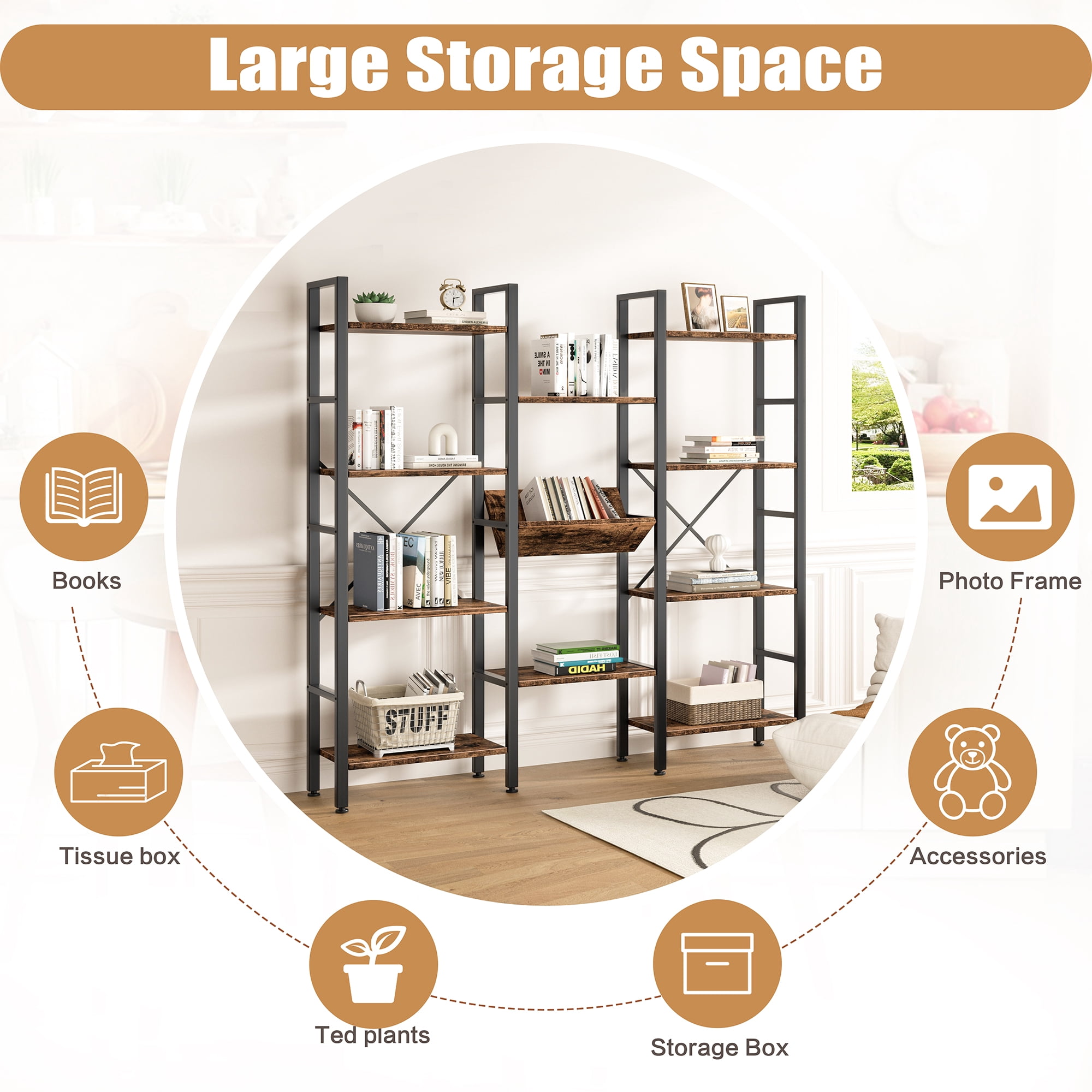 Walsunny Triple Wide 4 Tier Bookshelf Bookcase Wooden Bookshelves with 11 Open Display Shelves for Bedroom Living Room Home Office,Rustic Brown