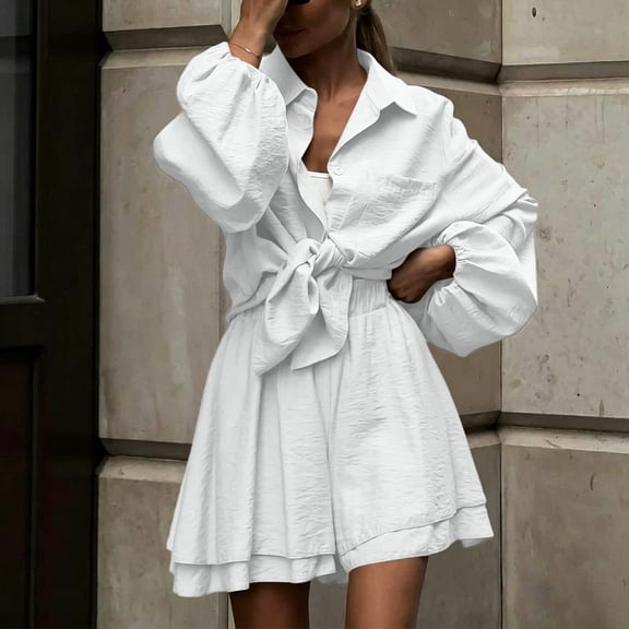 Cagogo Women's 2 Piece Puff Sleeve Shirt Set Elastic Waisted Shorts Casual Solid Basic Matching Lounge Outfits Summer Cruise Travel Clothes, White S
