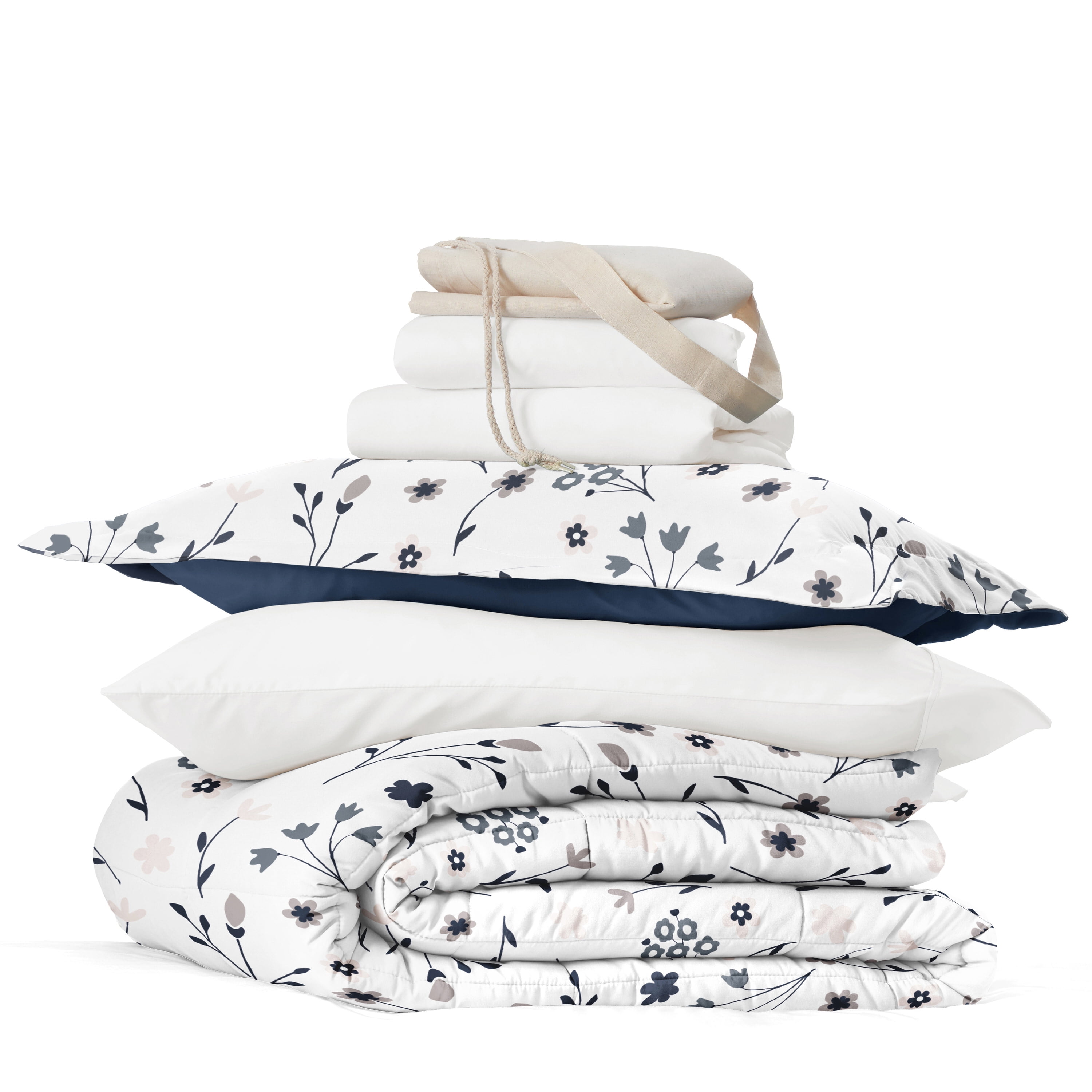 Noble Linens 8 Piece Dorm Bedding Bundle, Comforter & Sheet Set, Pillows, Laundry Bag