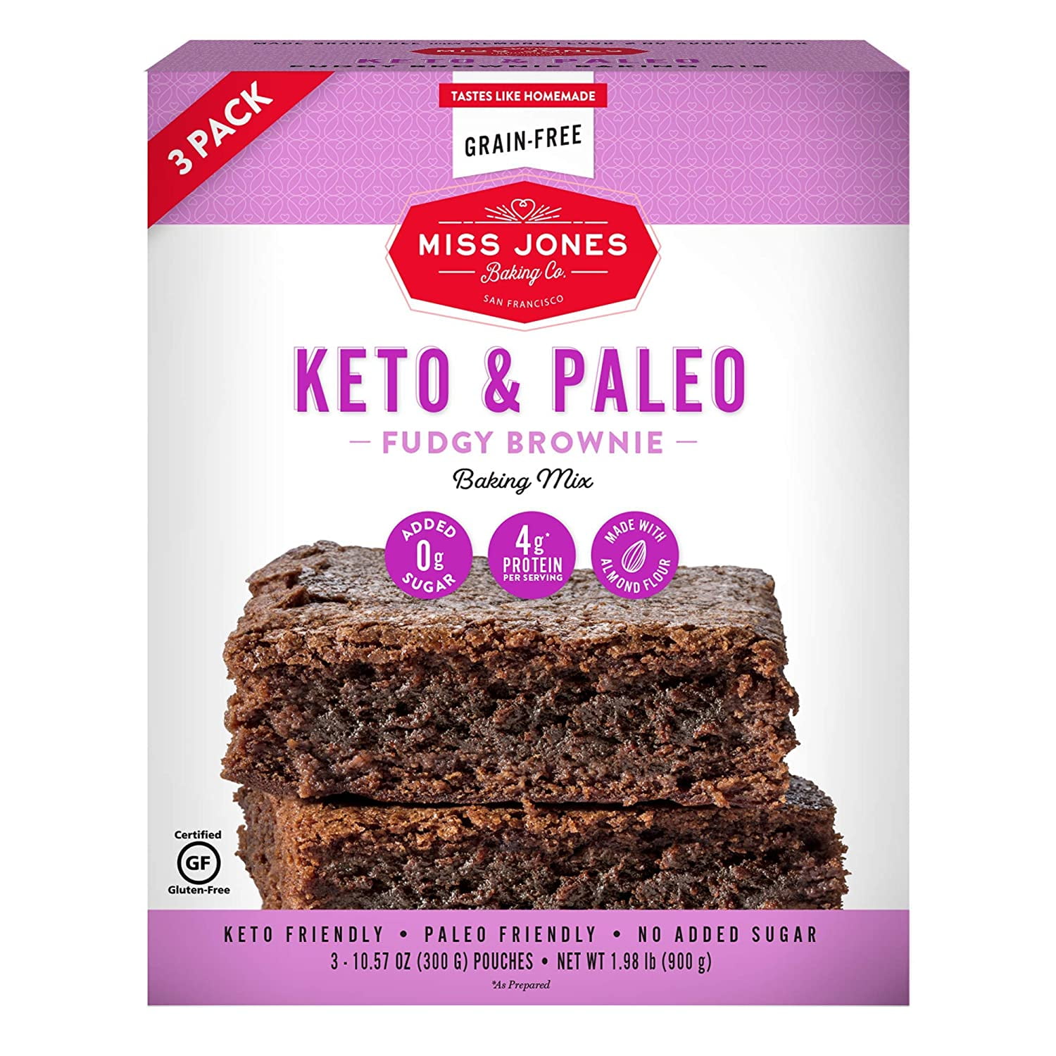 Miss Jones Keto & Paleo Fudgy Brownie Baking Mix, 10.57 Ounce (Pack of 3)