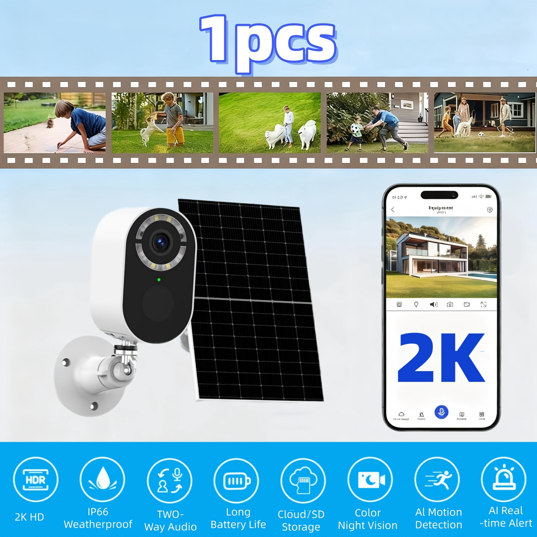 Solar Security Camera 2K Outdoor/Indoor, Waterproof, Low Power, 2.4G WiFi, Two-Way Audio, Human Detection, Color Night Vision, Pet/Baby Monitor