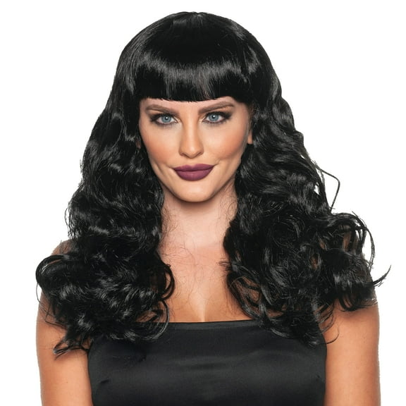 UNDERWRAPS Long Curly Black Pin Up Wig- Retro Black Long Curls with Bangs, Pin Up Girl Wig Lace, Body Wave Lace Front Halloween Costume for Women, One Size