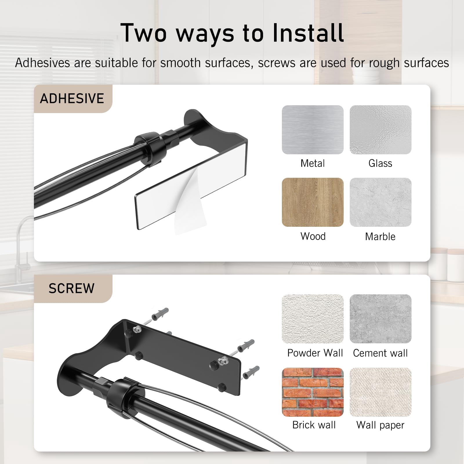 Single-Hand Paper Towel Holder Under Cabinet with Adjustable Damper, Easy Tear, Wall Mount or Self-Adhesive, Black