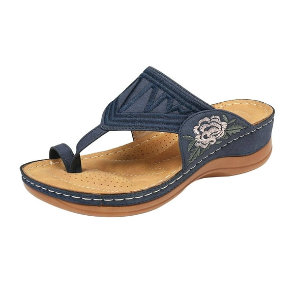 Womens Wedge Sandals Flower Embroidered Vintage Sandals Toe Ring Slip On Sandals Comfort Platform Walking Shoes