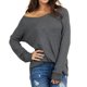thumbnail image 3 of Camisa informal holgada para mujer para el trabajo y citas, cuello redondo, color puro, talla L Top gris de manga larga con hombros descubiertos, 3 of 6