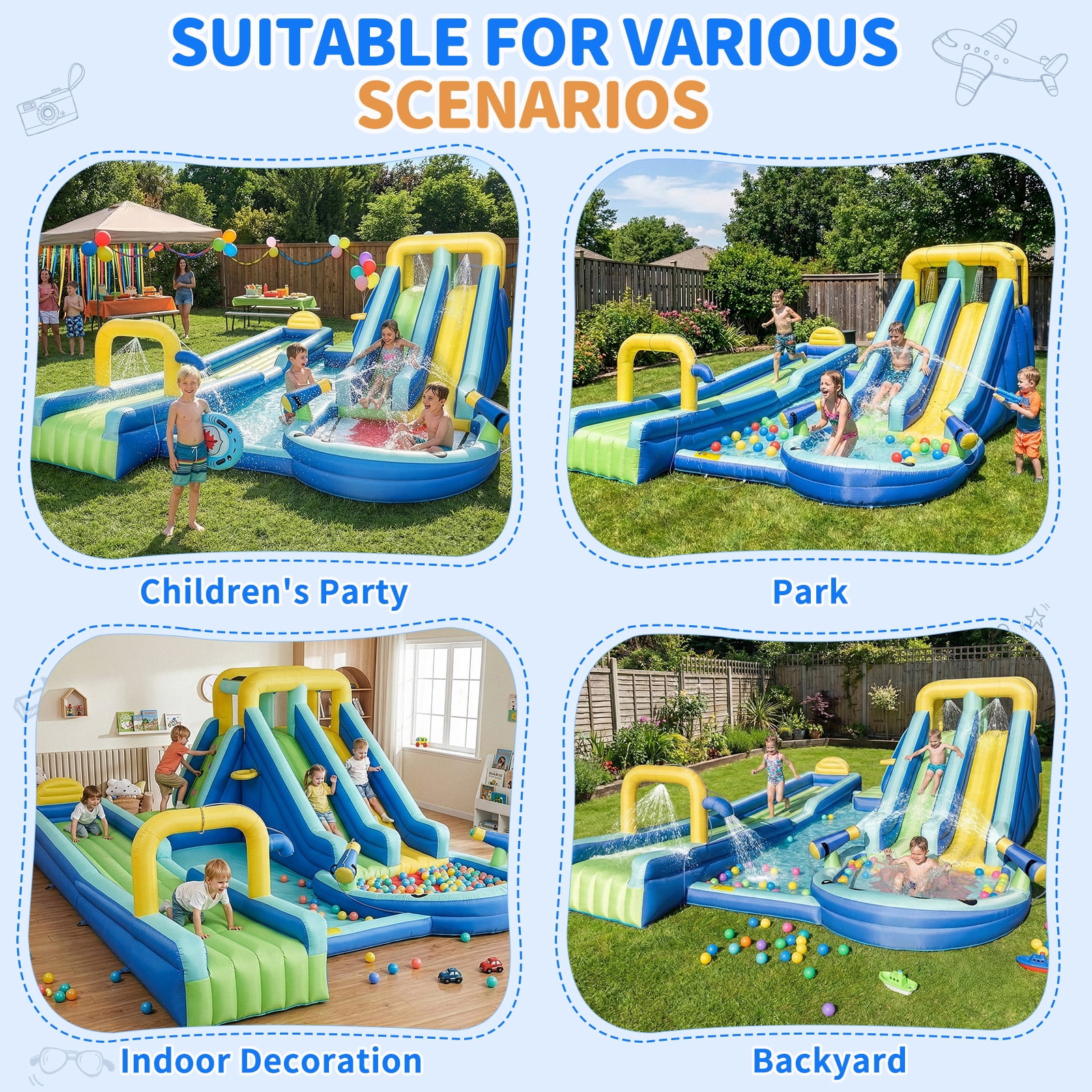 Ktaxon 8-in-1 Inflatable Water Slide Bounce House with Blower, 232" x 177" x 83", Shark Themed Water Park, Dual Slide & Long Slide for Kids Backyard