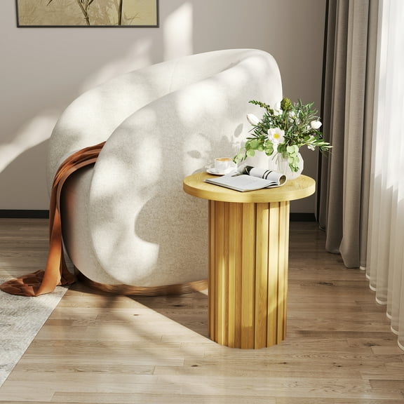 Round Side End Table 22" Tall Fluted Small End Table for Small Spaces, Modern Farmhouse Wooden Accent Table Small Drink Table for Living Room Bedroom(Natural)