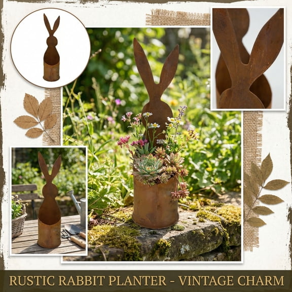 HaCpiu Easter Metal Bunny Planter, 9.6" Weathered Copper-Tone Rabbit Vase, Easter Decor for Garden, Porch, Tabletop & Spring Decor
