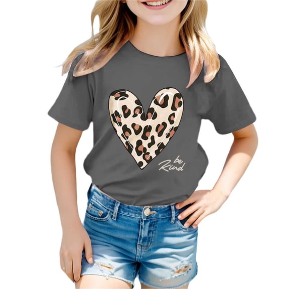 JAJAHO Kids Summer Top Girls Cute Graphic Tee Leopard Heart Print Short Sleeve Crew Neck Casual Comfortable Daily Wear T Shirt Ages 3-13 Years Stylish Tops