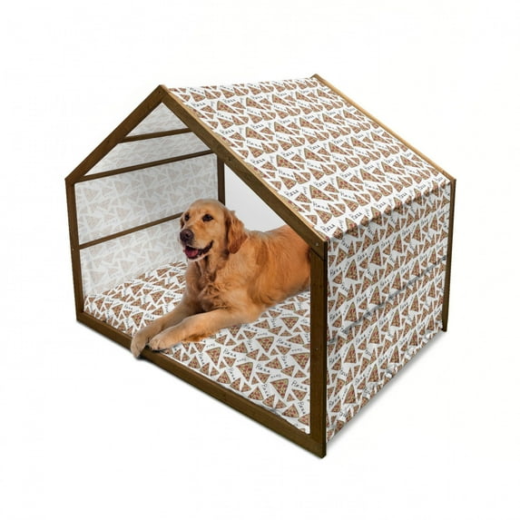 Pizza Pet House, Pattern in Hand Drawn Doodle Style Pizzeria Menu Fast Food Delicious Gourmet Eating, Outdoor & Indoor Portable Dog Kennel with Pillow and Cover, 5 Sizes, Multicolor, by Ambesonne