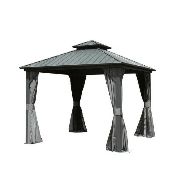 8x8 FT Hardtop Gazebo, Aluminum Frame Canopy with Galvanized Steel Double Roof Canopy, Curtain and Netting, Outdoor Metal Pavilion Permanent Gazebo Pavilion for Patio Backyard Deck Lawn, Grey