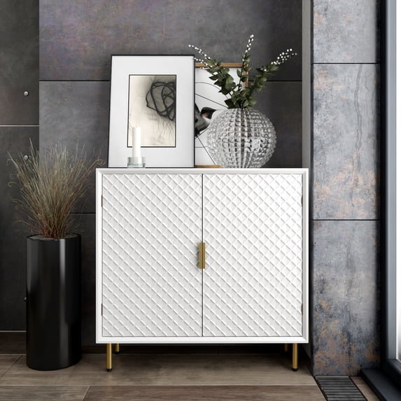 COZAYH Modern Storage, Contemporary Accent Cabinet with Doors, Retro-Inspired Raised Diamond Motif, White