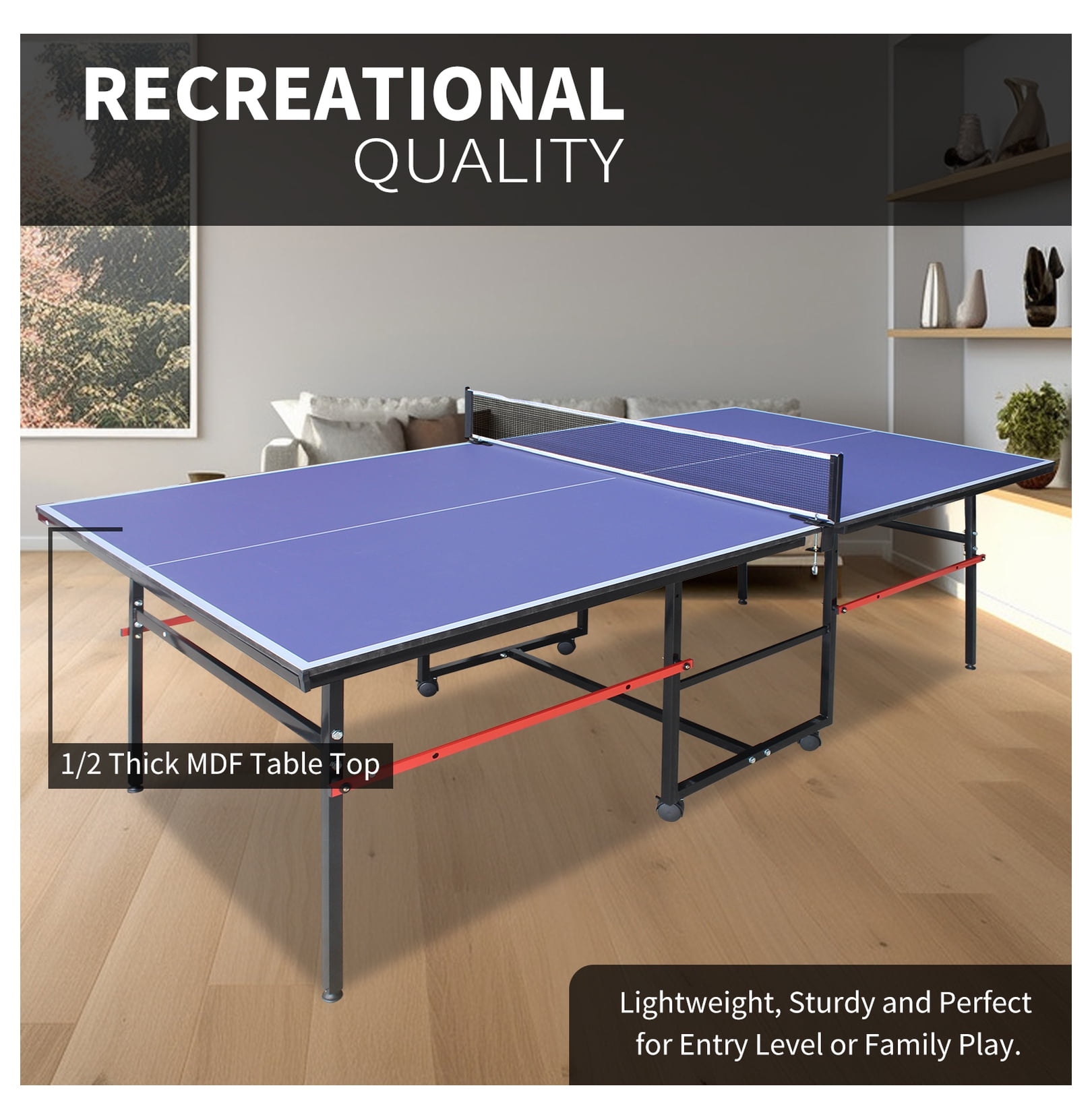 8ft Mid-Size Table Tennis Table Foldable & Portable Ping Pong Table Set for Indoor Games with Net, 2 Table Tennis Paddles and 3 Balls