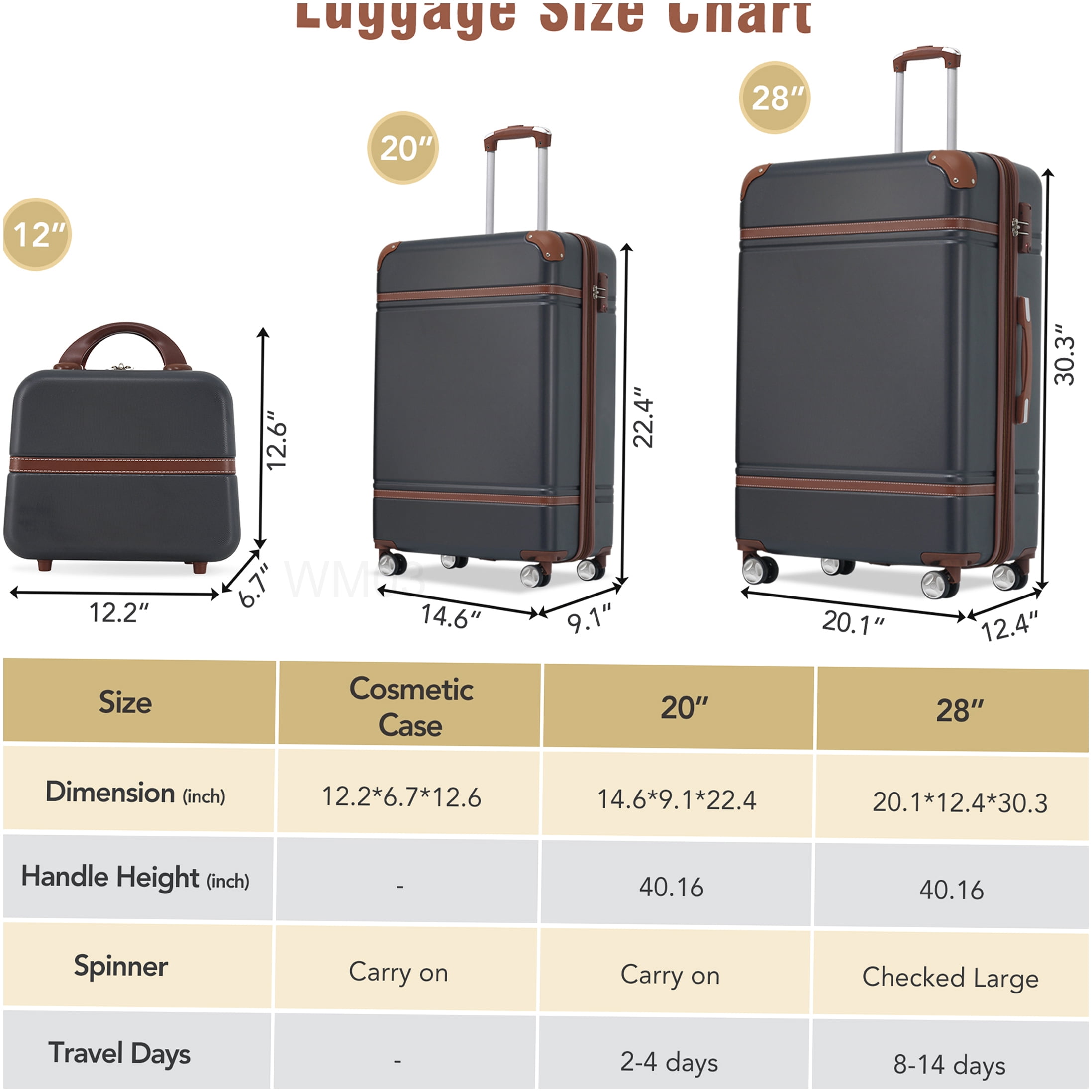 3-Piece Black Hardside Spinner Luggage Set with TSA Lock, 20" Carry-On & 28" Checked Suitcase & Toiletry Bag